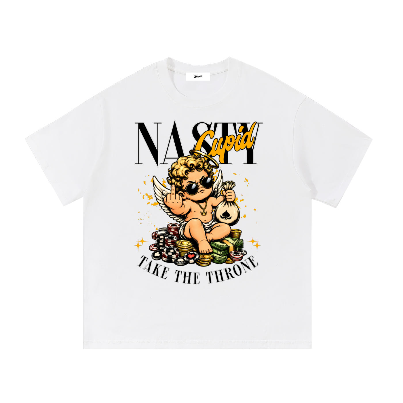 nasty cupid,graphic streetwear,streetwear shirt,urban fashion,graphic apparel,cupid design,money graphic,bold streetwear,statement shirt,street culture