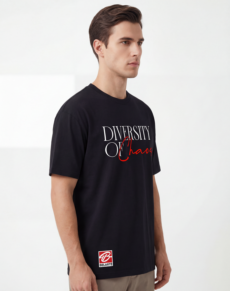 diversity of chaos,streetwear graphic design,minimalist typography art,urban fashion print,modern slogan design,red script lettering,black aesthetic style,contemporary street fashion,motivational quote art,fashion typography graphic