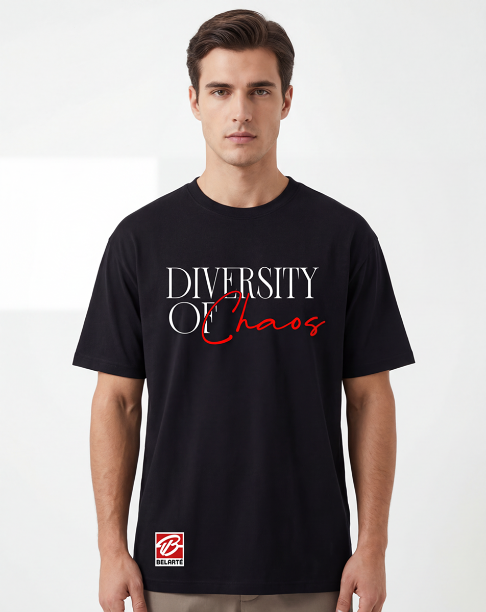 diversity of chaos,streetwear graphic design,minimalist typography art,urban fashion print,modern slogan design,red script lettering,black aesthetic style,contemporary street fashion,motivational quote art,fashion typography graphic