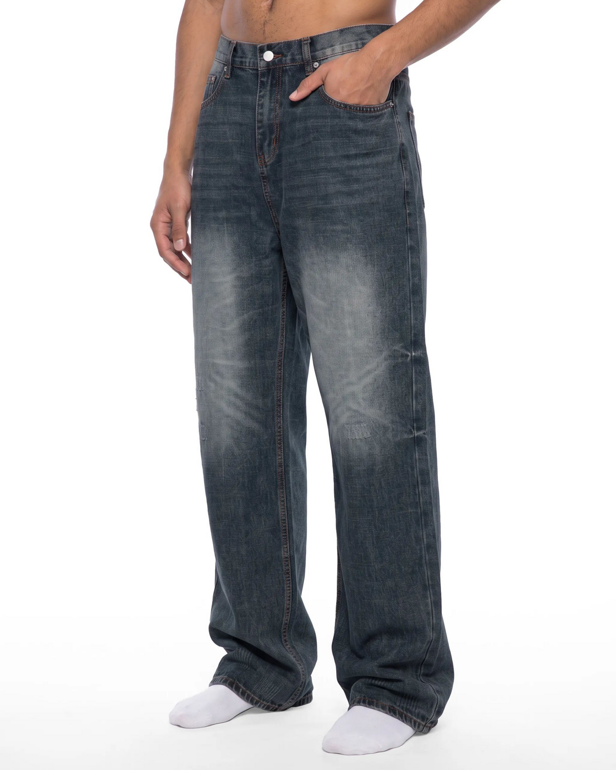 Belarté Men’s Washed Wide Leg Denim Jeans in washed blue - back product view