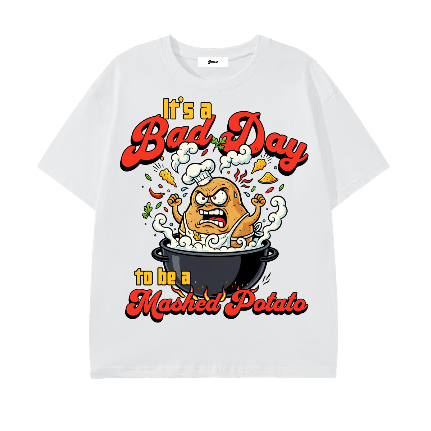 thanksgiving dinner, mashed potato lover,funny food shirt,cartoon potato,cooking humor,kitchen joke art,foodie gift idea,humor clothing,expressive illustration,retro cartoon design