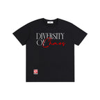 diversity of chaos,streetwear graphic design,minimalist typography art,urban fashion print,modern slogan design,red script lettering,black aesthetic style,contemporary street fashion,motivational quote art,fashion typography graphic