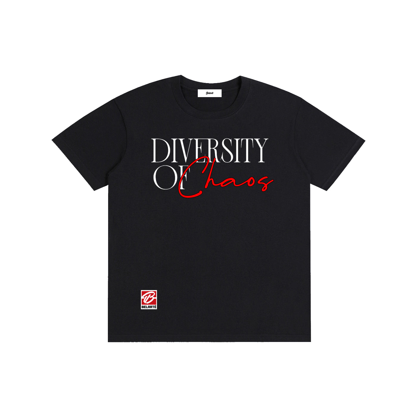 diversity of chaos,streetwear graphic design,minimalist typography art,urban fashion print,modern slogan design,red script lettering,black aesthetic style,contemporary street fashion,motivational quote art,fashion typography graphic