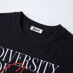 diversity of chaos,streetwear graphic design,minimalist typography art,urban fashion print,modern slogan design,red script lettering,black aesthetic style,contemporary street fashion,motivational quote art,fashion typography graphic