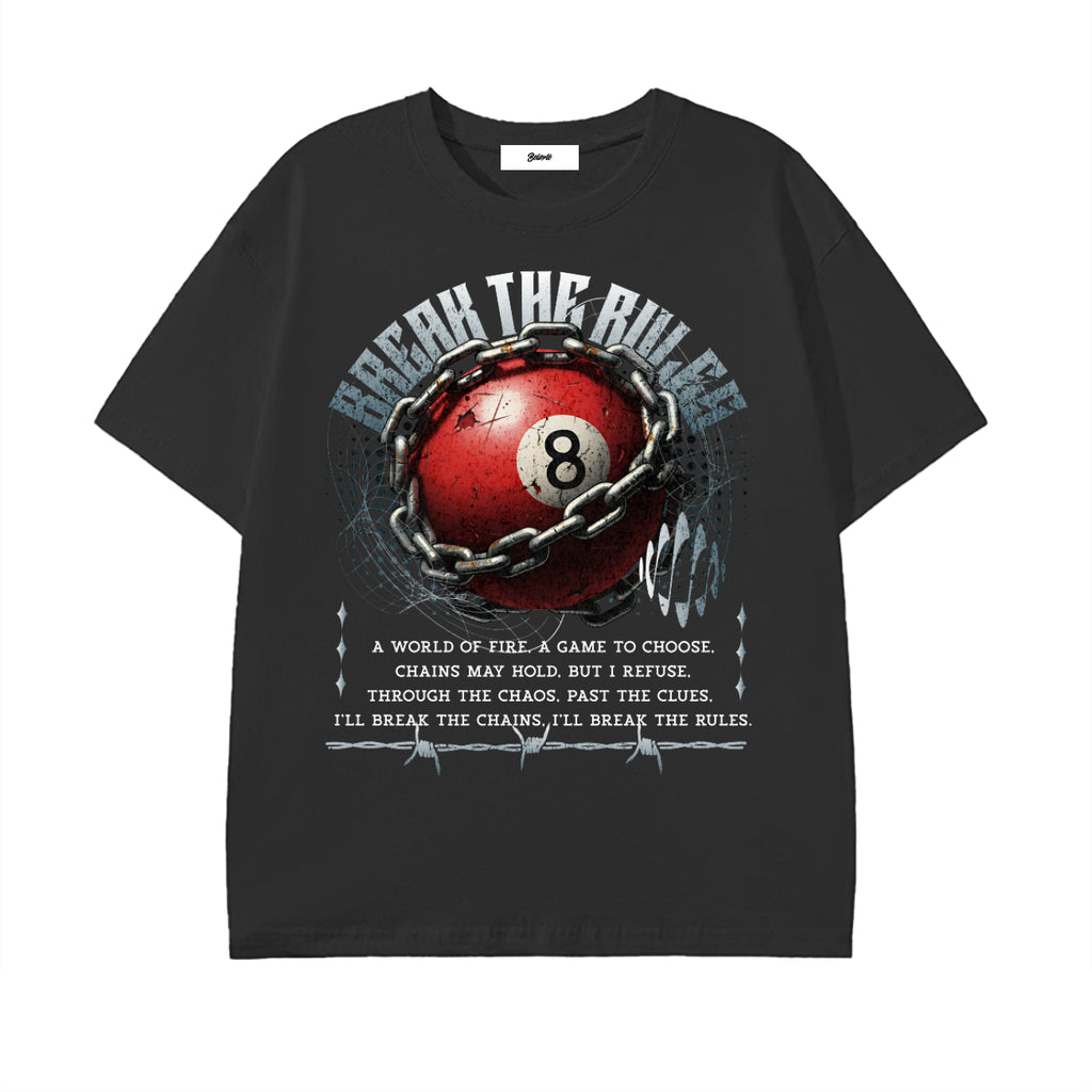8 ball graphic,break the rules,chain illustration,rebellion design,streetwear graphic,billiards art,bold statement apparel,edgy graphic,urban fashion art,underground style
