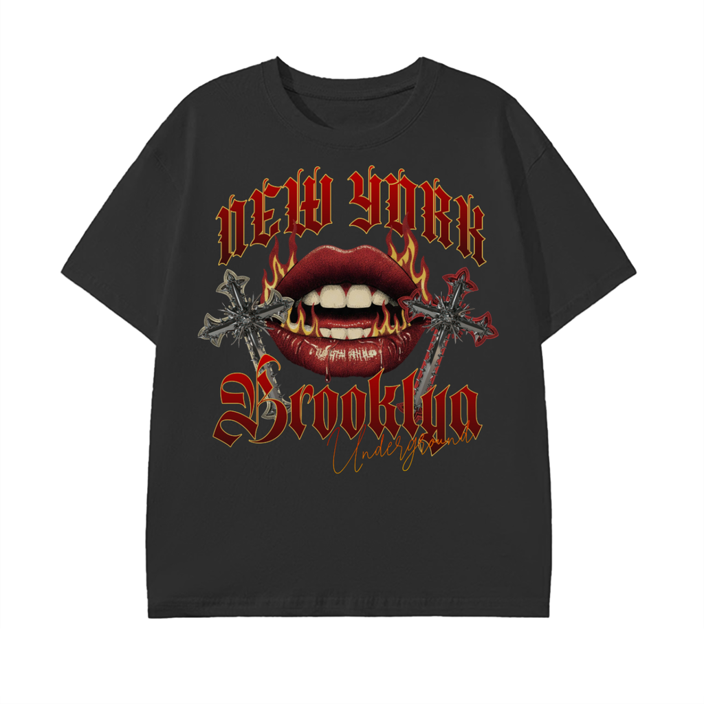 gothic streetwear,new york fashion,brooklyn style,fire lips art,urban aesthetic,dark fashion,oversized tee,grunge street style,edgy graphic design,underground vibe