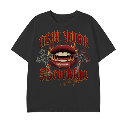 gothic streetwear,new york fashion,brooklyn style,fire lips art,urban aesthetic,dark fashion,oversized tee,grunge street style,edgy graphic design,underground vibe