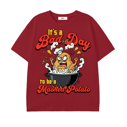 thanksgiving dinner, mashed potato lover,funny food shirt,cartoon potato,cooking humor,kitchen joke art,foodie gift idea,humor clothing,expressive illustration,retro cartoon design